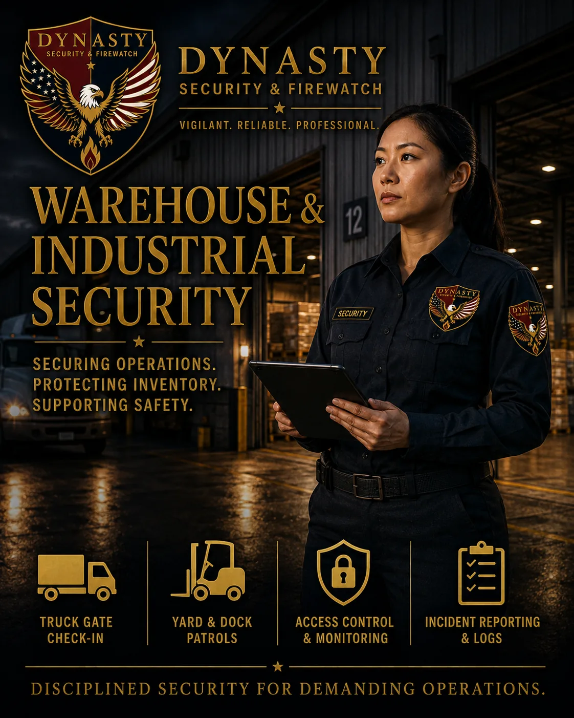 Unarmed officer providing warehouse and industrial security